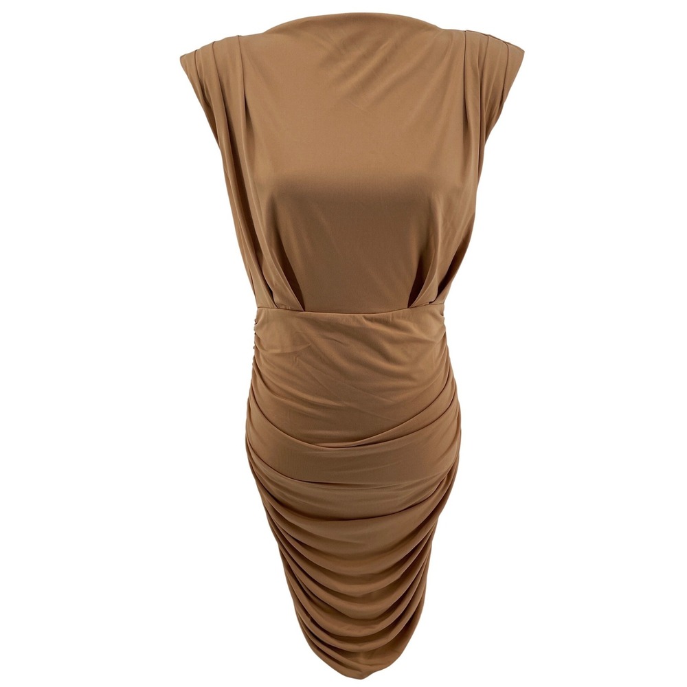 Alexia Admor Ruched Sheath Dress Womens Small Tan Cocktail Wedding Guest Neutral